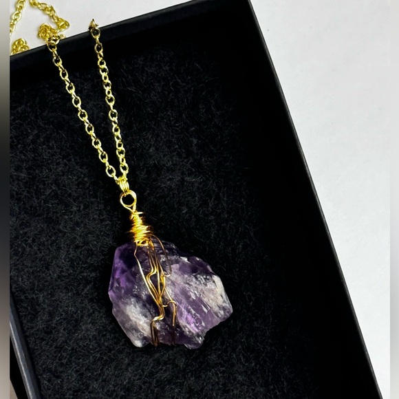 Hand Crafted Jewelry - Raw Amethyst Gold wire wrap Pendant Necklace
